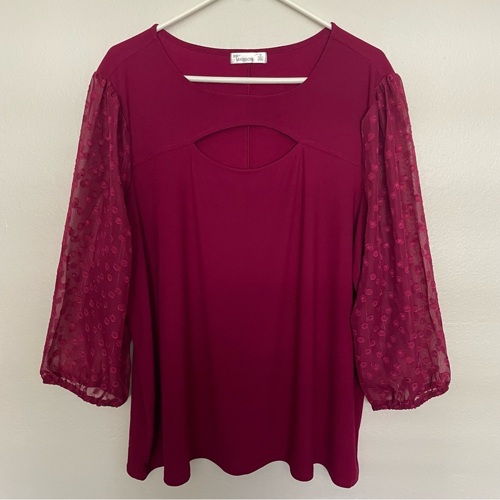 89TH Madison Chianti Mesh Long Sleeve Top Women’s Size 2X Red Blouse NEW